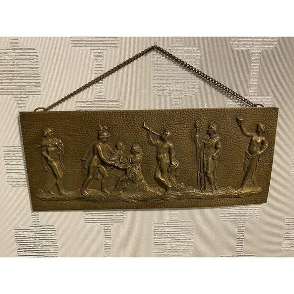 Antique Brass Embossed Greco-Roman Figural Scene Wall Hanging 11.75' x 4.75'' - Picture 2 of 5